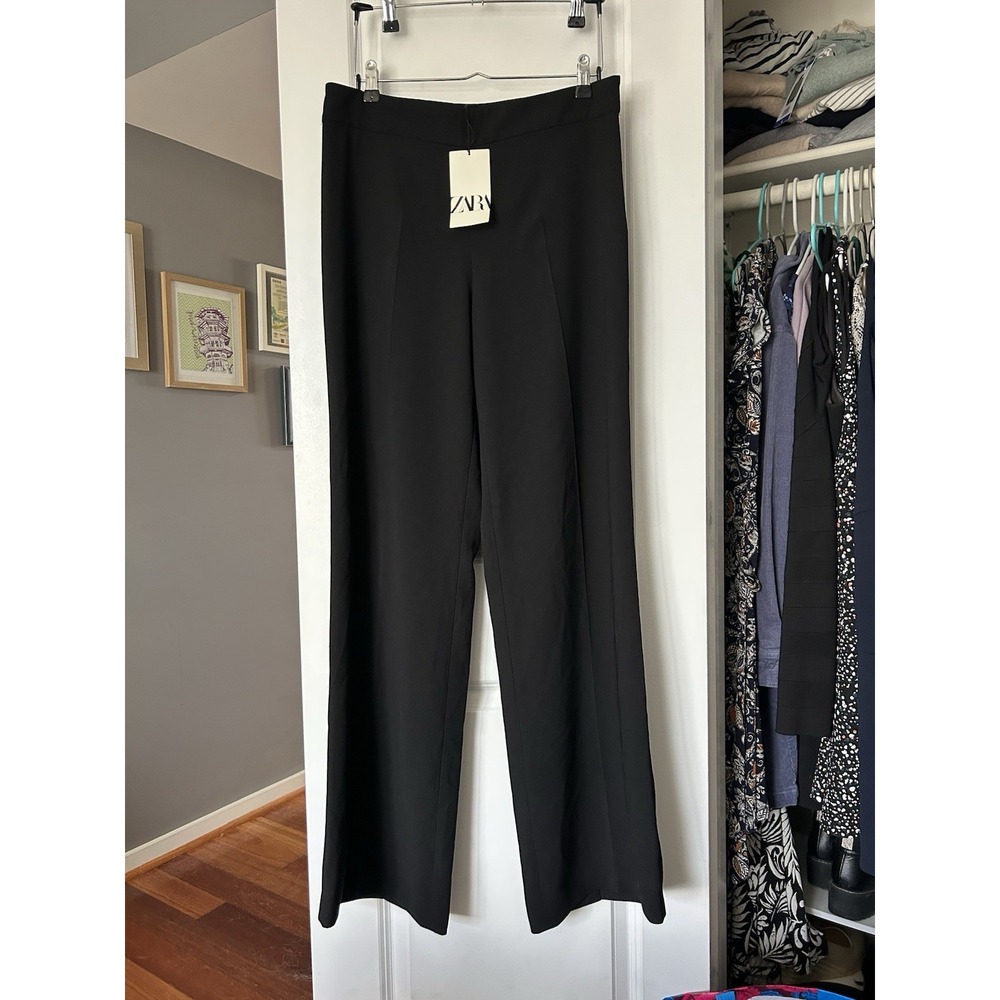 NWT Zara Women's Black High Rise Wide Leg Trousers Dress Pants Size Large